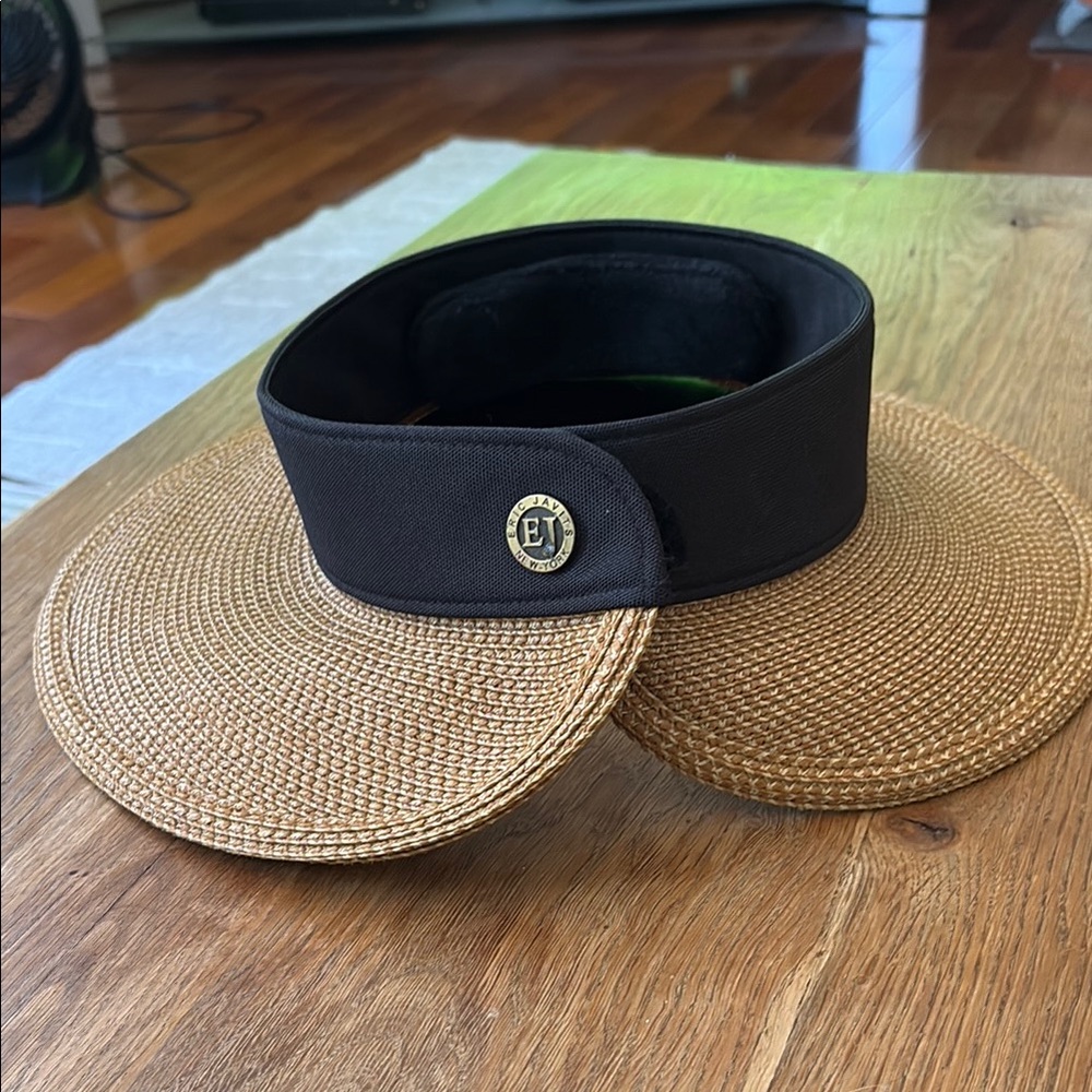 Eric Javits Wide Brim Straw Visor in Tan and Black - Picture 4 of 5